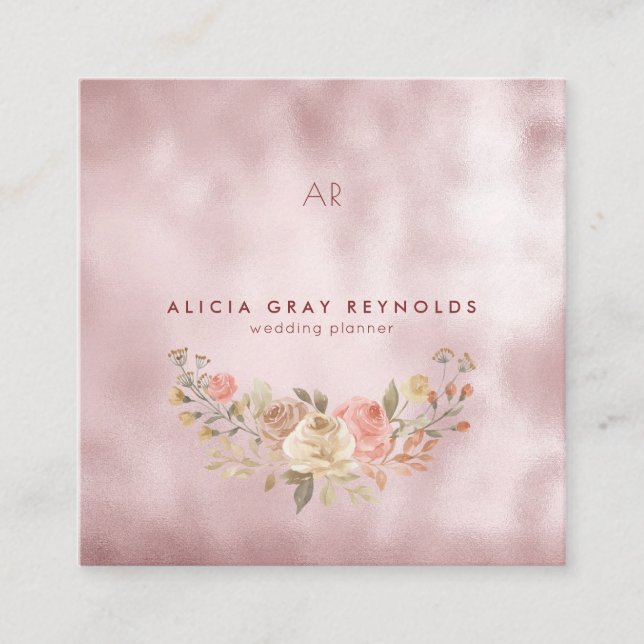 Glam Monogram Ro Guld Blommigt Bröllopsfixaren  Fyrkantigt Visitkort (Framsida)