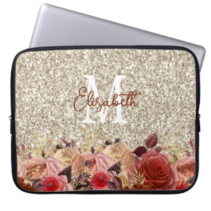 Glam Monogram Rosa Guld Blommor Ljust Guld Glitter Laptop Fodral