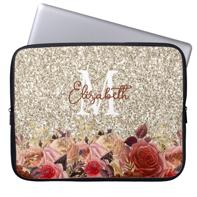 Glam Monogram Rosa Guld Blommor Ljust Guld Glitter Laptop Fodral (Framsidan)