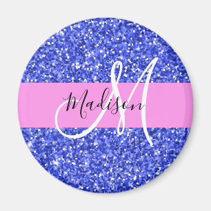 Glam Mörk blått Rosa Glitter Sparkles Namn Monog Magnet
