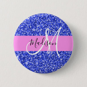 Glam Mörk blått Rosa Glitter Sparkles Namn Monogra Knapp