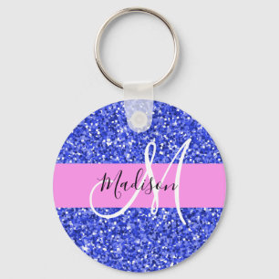 Glam Mörk blått Rosa Glitter Sparkles Namn Monogra Nyckelring