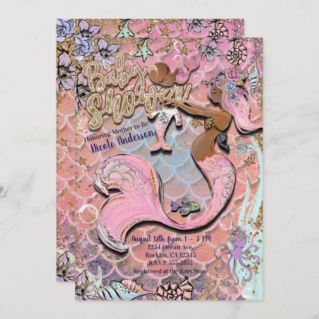 Glam Mörk Ethnic Prego Sjöjungfru Glitter Baby Sho Inbjudningar (Fram/baksida)