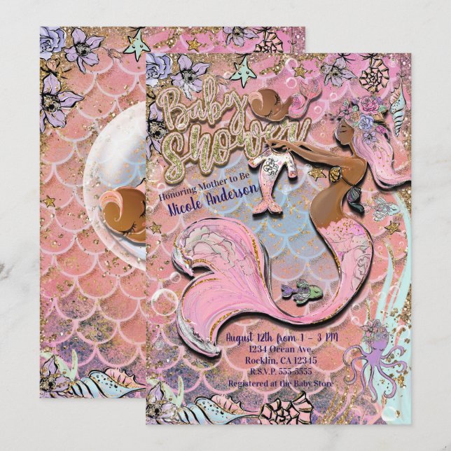 Glam Mörk Etnisk Gravid Sjöjungfru Glitter Bebis S Inbjudningar (Fram/baksida)