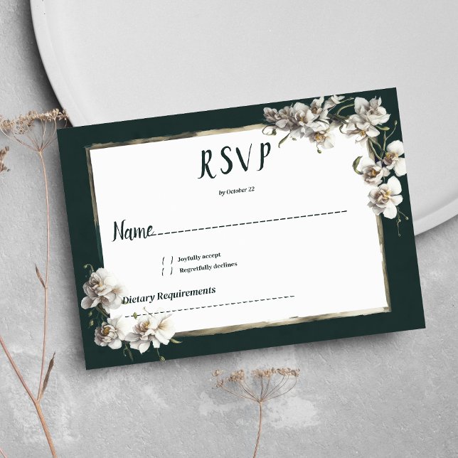 Glam mörk grönt guld-vit orchidblomma OSA Inbjudningar (Glam dark green gold white orchid flower RSVP)