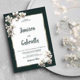 Glam mörk grönt guld-vit rochidblomma Bröllop Inbjudningar