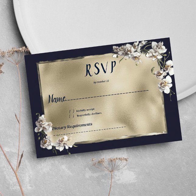 Glam navy blue gold white orchid Bli RSVP Inbjudningar (Glam navy blue gold white orchid flower RSVP)