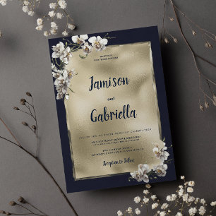 Glam navy blue gold white orchid Blommor Bröllop Inbjudningar