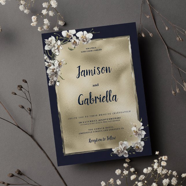 Glam navy blue gold white orchid Blommor Bröllop Inbjudningar (Glam navy blue gold white orchid flower Wedding )