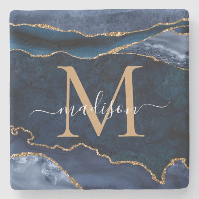 Glam Navy Blue Guld Agate Geode Glitter Monogram Stenunderlägg (Framsidan)