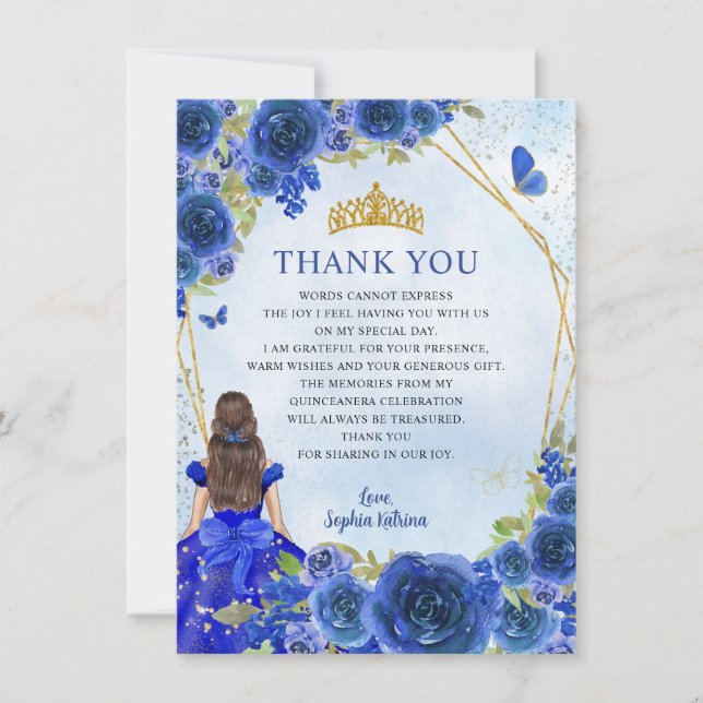 Glam Navy Blue Guld Blommigt Princess Quinceañera Tack Kort (Framsida)
