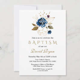 Glam Navy Blue Guld Blommigt White Kor Boy Baptism Inbjudningar