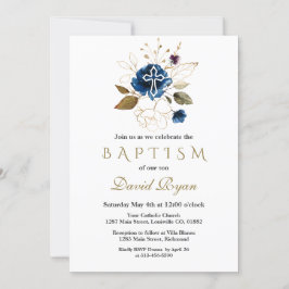 Glam Navy Blue Guld Blommigt White Kor Boy Baptism Inbjudningar