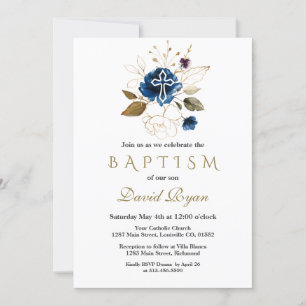 Glam Navy Blue Guld Blommigt White Kor Boy Baptism Inbjudningar