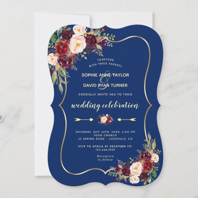 Glam Navy Blue Guld Burgundy Blommigt Bröllop Inbjudningar (Framsida)