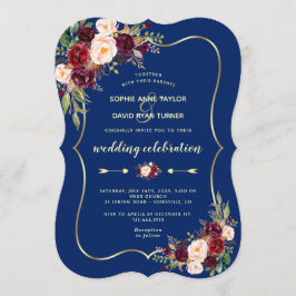 Glam Navy Blue Guld Burgundy Blommigt Bröllop Inbjudningar