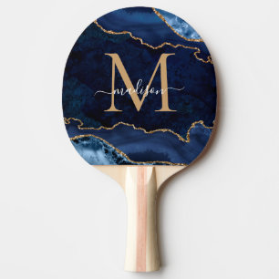 Glam Navy Blue Guld Glitter Agate Geode Monogram Pingisracket