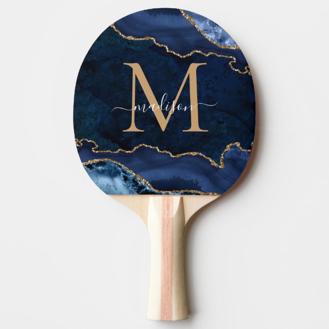 Glam Navy Blue Guld Glitter Agate Geode Monogram Pingisracket (Framsidan)