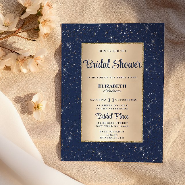 Glam navy blue guld glitter konetti Möhippa Inbjudningar (Glam navy blue gold glitter confetti Bridal Shower)
