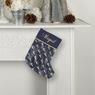 Glam Navy Blue Guld Reindeer Mönster Personlig Liten Julstrumpa