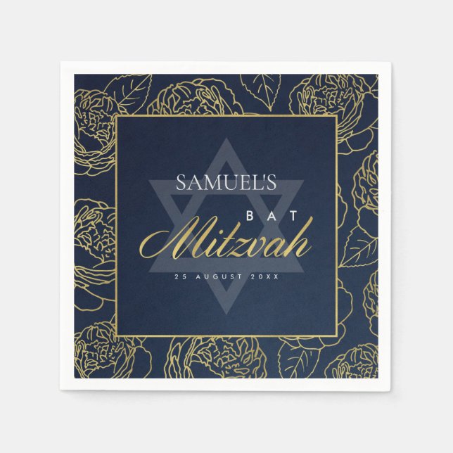 GLAM NAVY BLUE GULD RO BLOMMIGT PUB BAT MITZVAH PAPPERSSERVETT (Framsidan)