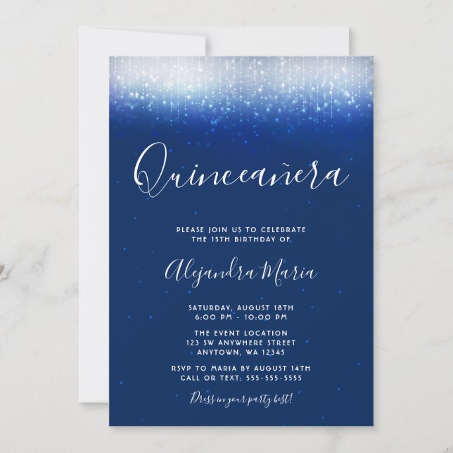 Glam Navy Blue Quinceanera-inbjudningar Inbjudningar (Framsida)