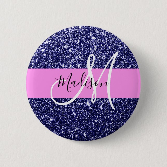 Glam Navy Blue Rosa Glitter Sparkles Namn Monogram Knapp (Framsida)