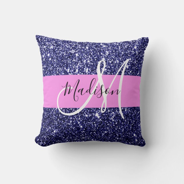 Glam Navy Blue Rosa Glitter Sparkles Namn Monogram Kudde (Framsida)