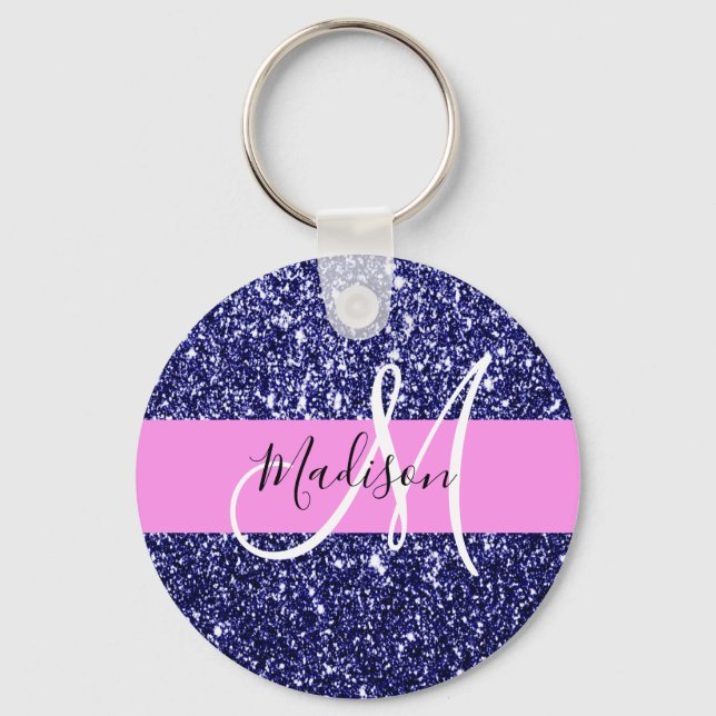 Glam Navy Blue Rosa Glitter Sparkles Namn Monogram Nyckelring (Framsida)
