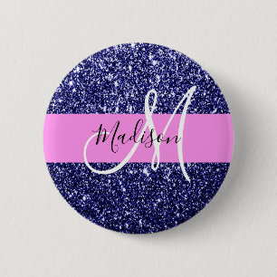 Glam Navy Blue Rosa Glitter Sparkles Namn ogram Knapp