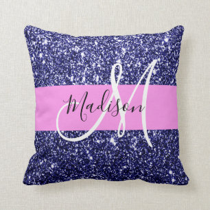Glam Navy Blue Rosa Glitter Sparkles Namn ogram Kudde