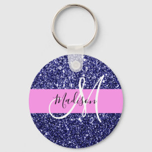 Glam Navy Blue Rosa Glitter Sparkles Namn ogram Nyckelring