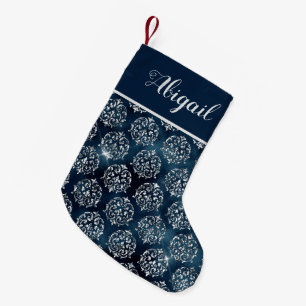 Glam Navy Blue Silver Damask Personlig Liten Julstrumpa