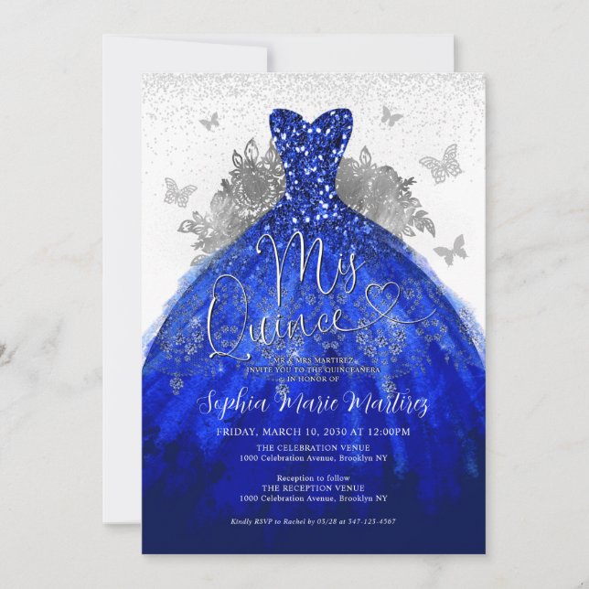 Glam Navy Blue Silver Dress Mis Quince Quinceañera Inbjudningar (Framsida)