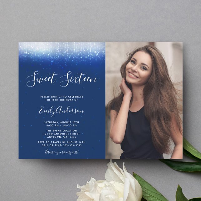 Glam Navy Blue Sweet 16 Photo Inbjudningar (Skapare uppladdad)