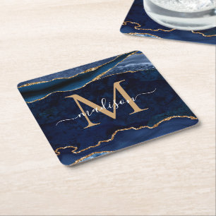 Glam Navy Guld Agate Geode Glitter Monogram Underlägg Papper Kvadrat