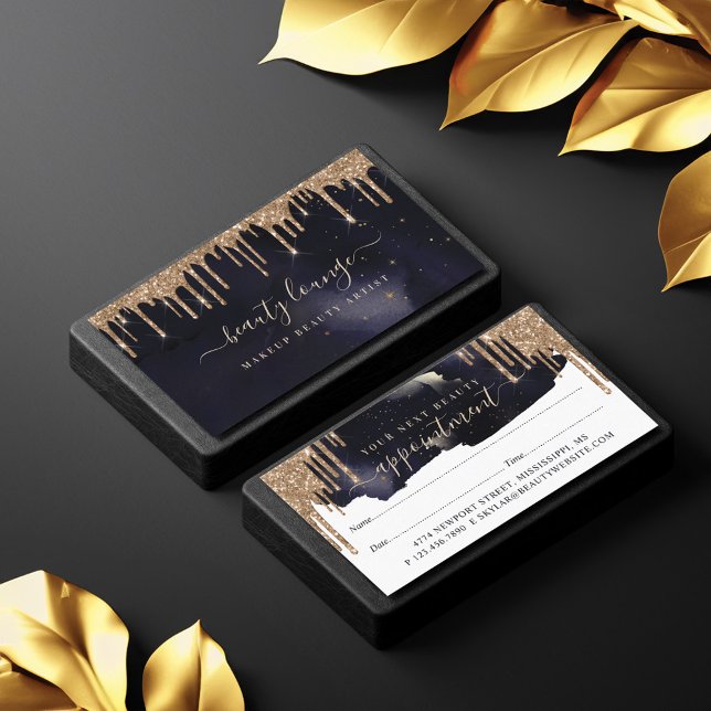 Glam Navy & Guld Glitter Drips Elegant Beauty Tidsbeställning Kort (Glam Navy & Gold Glitter Drips Elegant Beauty Appointment Card)
