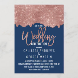 Glam Navy Ro Guld Glitter Färg Block Bröllop Inbjudningar