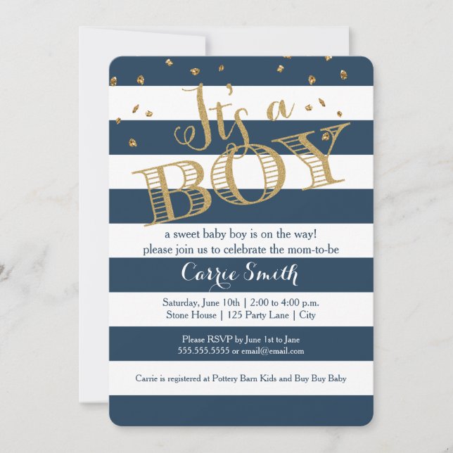 Glam Navy Rugby Rand Boy Shower-inbjudan Inbjudningar (Framsida)