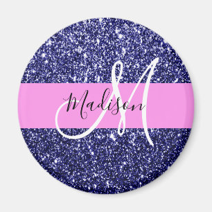 Glam Navyblå Rosa Glitter Gnistrar Namn Monogram Magnet