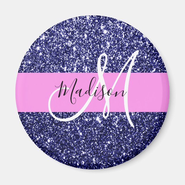 Glam Navyblå Rosa Glitter Gnistrar Namn Monogram Magnet (Framsidan)