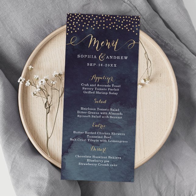 Glam night faux guld calligraphy bröllop meny (Glam night faux gold calligraphy wedding menu)