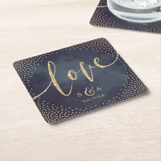 Glam night faux guld glitter bröllop monogram underlägg papper kvadrat (Vinklad)