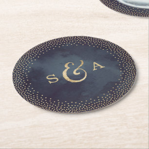 Glam night faux guld glitter bröllop monogram underlägg papper rund