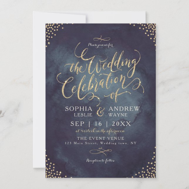 Glam night faux guld glitter calligraphy bröllop inbjudningar (Framsida)