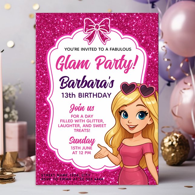 Glam Party Birthday för flickor med Rosa Glitter Inbjudningar (Skapare uppladdad)