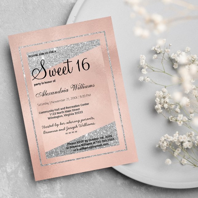 Glam Pastel Rosa ros Guld Silver Glitter Sweet 16 Inbjudningar (Glam Pastel Pink Rose Gold Silver Glitter Sweet 16)