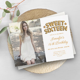 Glam Photo Guld White Balloons Sweet 16 Inbjudningar