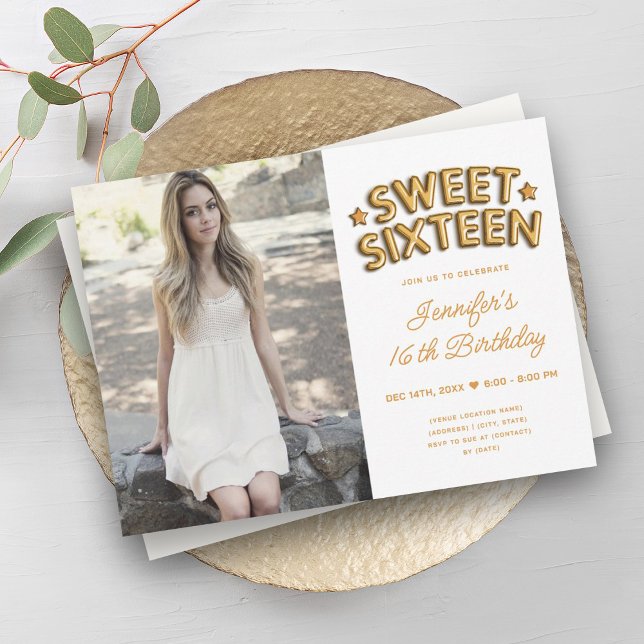 Glam Photo Guld White Balloons Sweet 16 Inbjudningar (Glam Photo Gold White Balloons Sweet 16 Invitation)