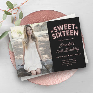 Glam Photo Ro Guld Black Balloons Sweet 16 Inbjudningar